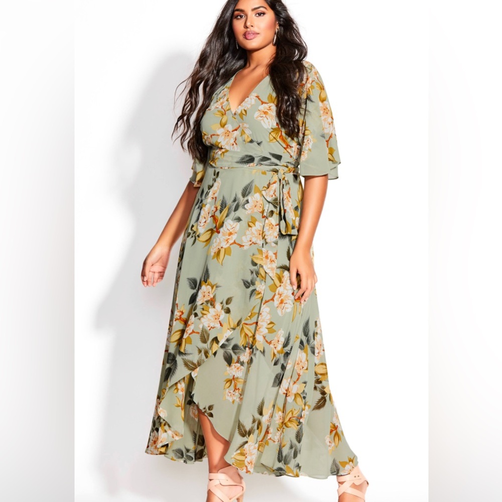 City Chic Green Magnolia Floral Wrap Dress L/20
